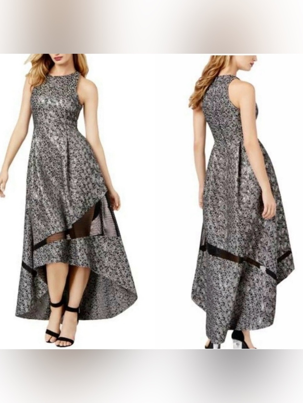 SB by Sachin & Babi Gown Women’s 2 Silver Leopard Metallic High Low Mesh Halter